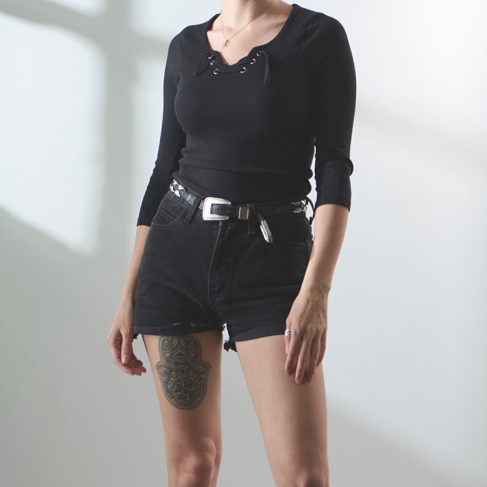 Women's Black Tie Front Lace Up Quarter Sleeve Top Size XS